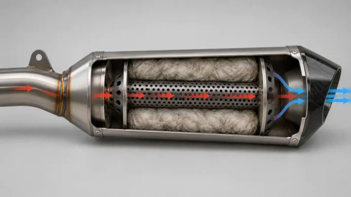 Schéma en coupe de l’intérieur d’un silencieux d’échappement moto